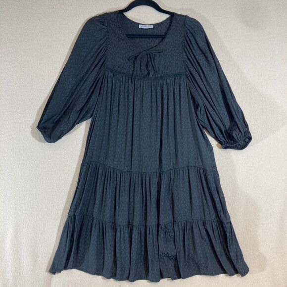 Ophelia Roe Dresses & Skirts - Ophelia Roe Dress Sz L Black Leopard Print 3/4 Sleeve Tiered Ruffle Babydoll